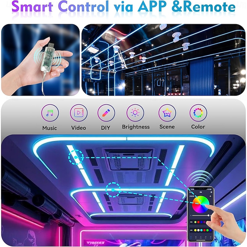2M/3M/5M Neon LED Strip Lights 360 Luminous Waterproof Strip with Music Sync Remote & APP Control USB-Powered Flexible Lighting for Indoor/Outdoor Gaming Room Bedroom and Wall Decor3