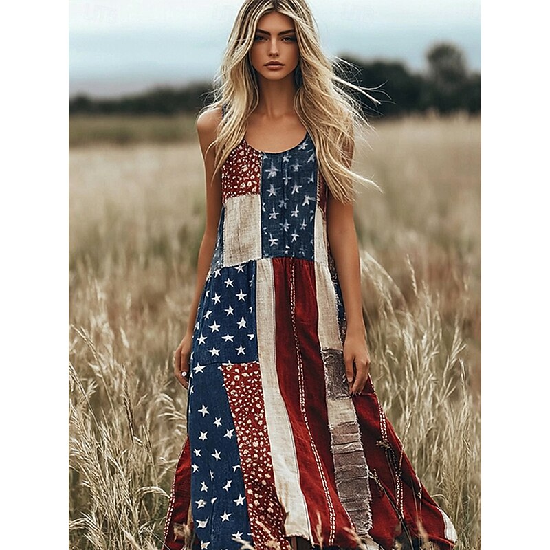 Women's Patriotic  Maxi Dress A Line Dress Dress Off The Shoulder Dress Vacation Casual Party Street Regular Fit Graphic Flag Sleeveless Square Neck Scoop Neck Red Blue4
