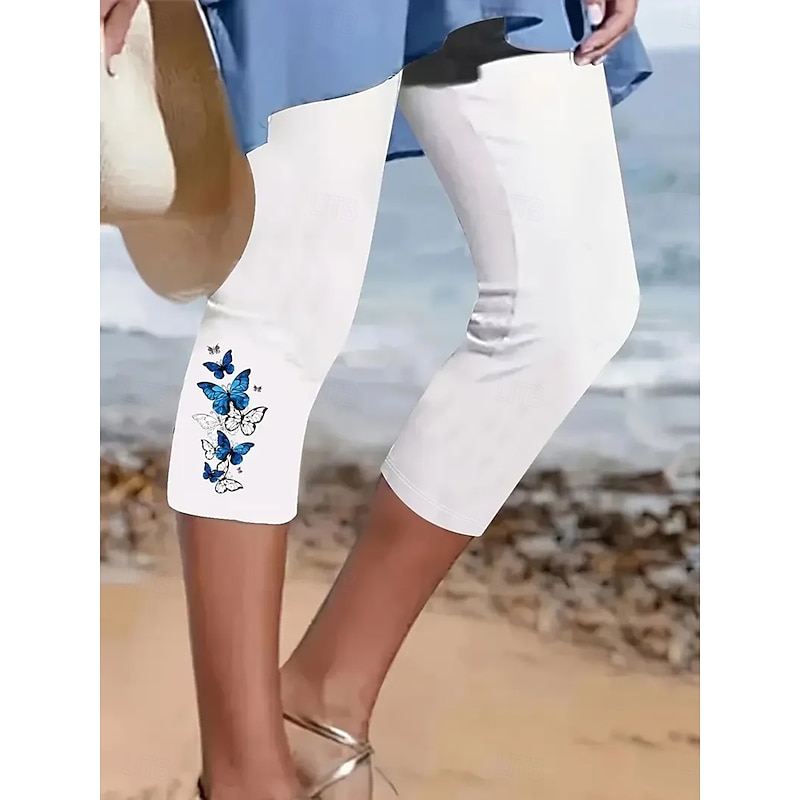 Women's Capri Pants Leggings Vacation Vintage Fashion Calf-Length High Waist Graphic Butterfly Embroidered Pocket Printing Breathable Soft Stretchy Outdoor Vacation Street Black White Summer Spring