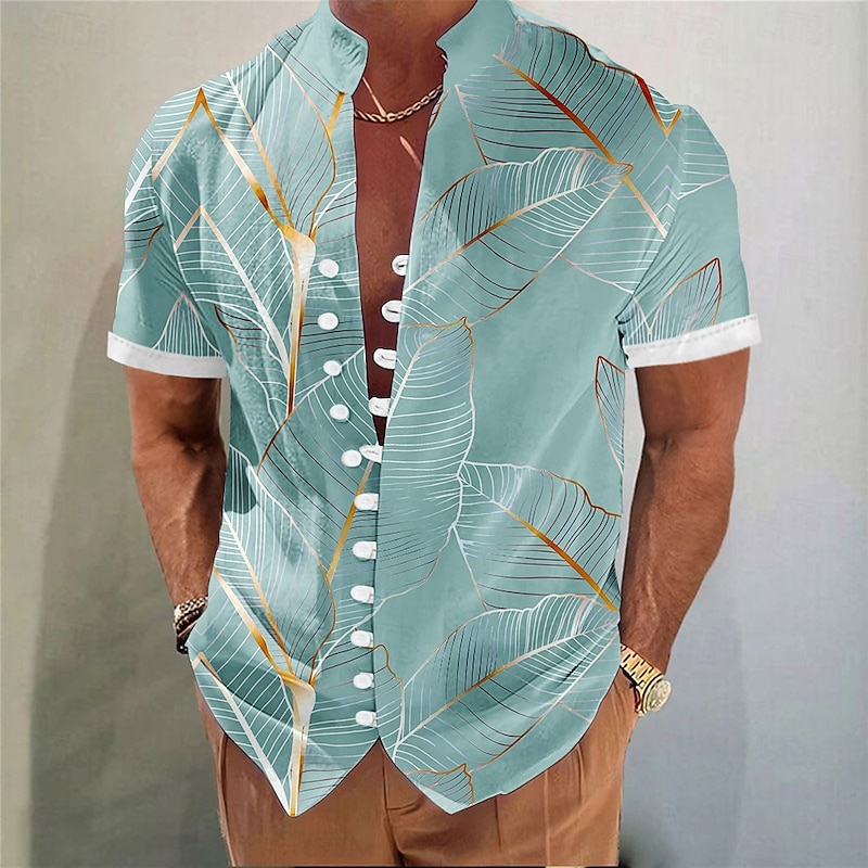 Men's Palm Leaf Tropical Plants Summer Hawaiian Shirt Aloha Shirt Stand Collar Shirt Short Sleeve Hawaiian Vacation Beach Wear Summer Spring Mandarin Collar 3D Print Button Down Shirts Pink Blue