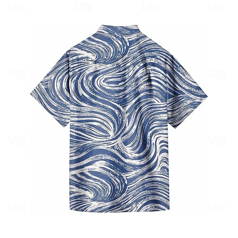 Men's Geometric Lines / Waves Shirt Summer Shirt Button Up Shirt Short Sleeve Fashion Casual Outdoor Vacation Dailywear Summer Spring Turndown 3D Print Collared Shirts Blue2