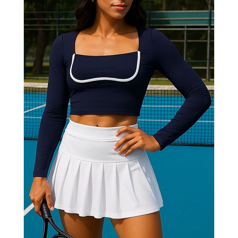 Women's Patchwork Tennis Top Long Sleeve Contrast Binding Sweat-Wicking Moisture Wicking Breathable Tennis Golf Pickleball Square Black Dark Navy Blue Tennis Clothing3