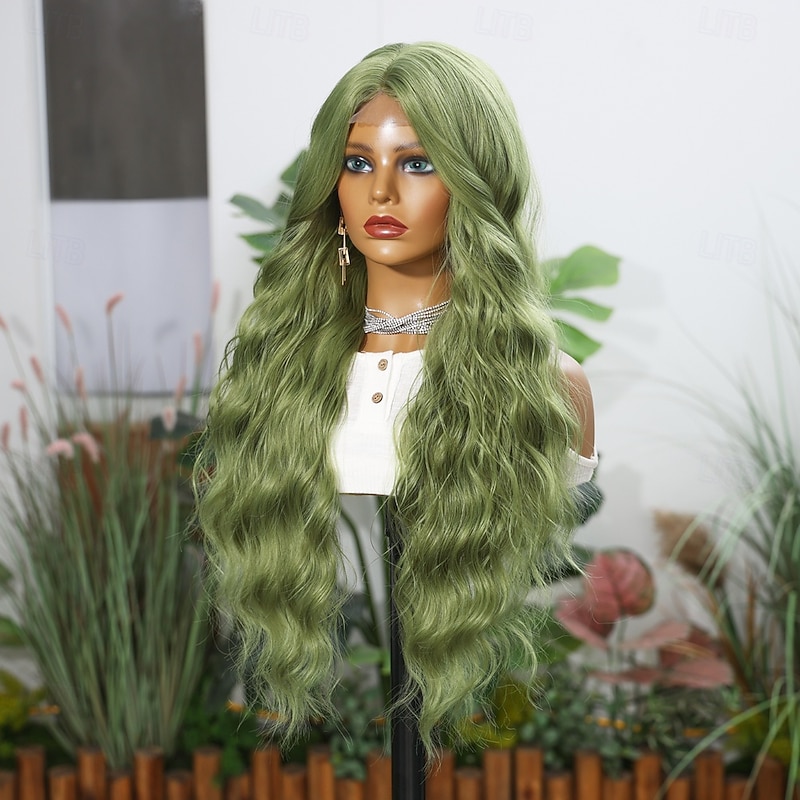 Synthetic Lace Wig Curly Style 28 inch Green Middle Part U Part Wig Women's Wig Lake Green / Grass Green2
