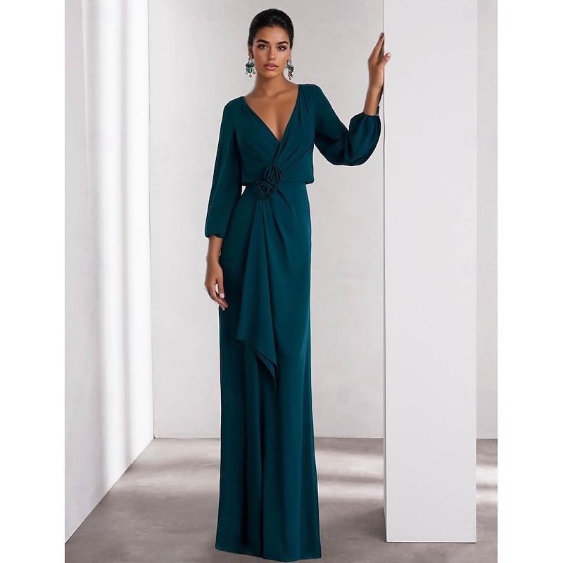 A-Line Evening Gown Elegant Dress Formal Wedding Guest Floor Length Long Sleeve V Neck Stretch Crepe with Ruffles3
