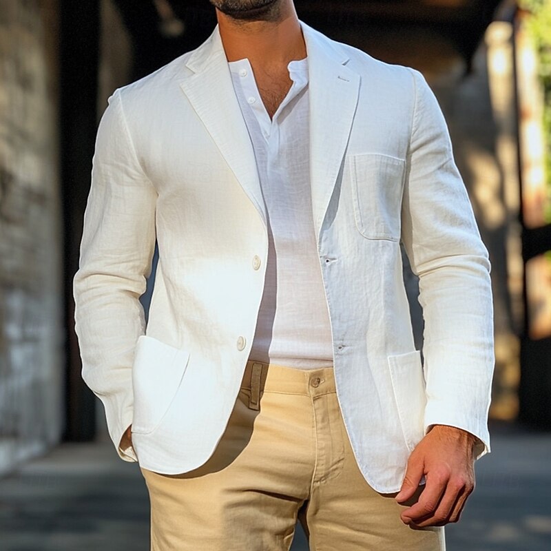 Men's Blazer Linen Blazer Sport Coat Casual Daily Spring & Summer Linen Solid Color Single Breasted Two-button Blazer White2