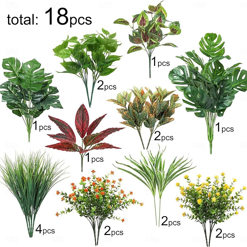 18 Bundles Artificial Plants for Outdoors, Faux Greenery Shrubs Set for Home Patio Garden Wall Decor, UV Resistant Green Plant Stems for Outdoor Indoor Decoration Fence Backdrop2