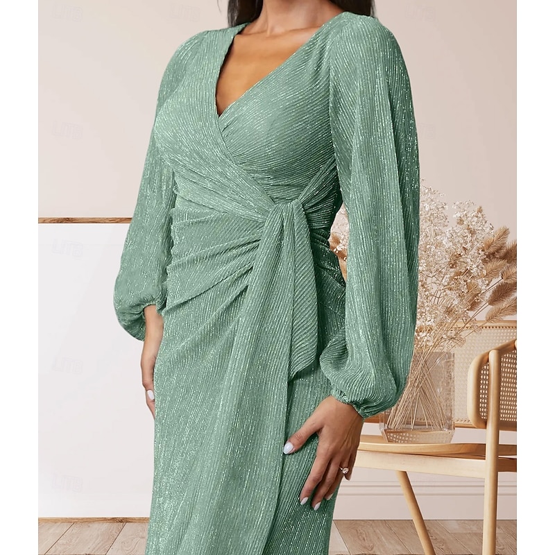 A-Line Mother of the Bride Dress Wedding Guest Elegant Sweet V Neck Floor Length Chiffon Long Sleeve with Ruffles Ruching4