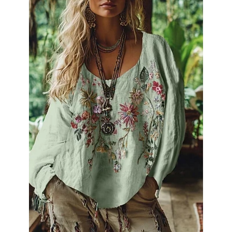 Women's Western Blouse Boho Shirt Blouse Flower Modern Casual Long Sleeve V Neck Regular Tops Daily Holiday Going out Print White Pink Blue Purple Green Summer Autumn4