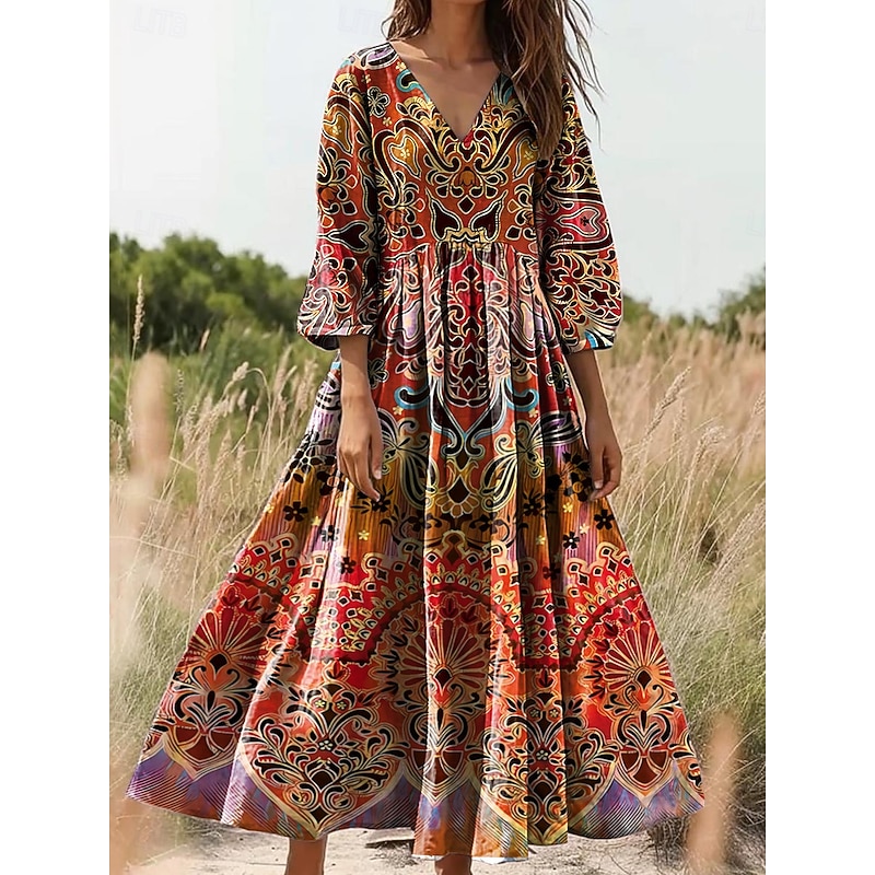 Women's Maxi Dress Sundress A Line Dress Pleated Dress Vacation Casual Boho Going out Standard Fit Floral Graphic Paisley 3/4 Length Sleeve V Neck Pink Red Blue Orange Summer Spring