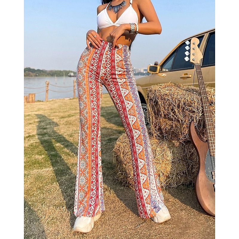 Women's Bell Bottom Slacks Fashion Boho Full Length Natural Flower Elastic Waist Printing Outdoor Comfortable Holiday Going out Magenta Orange red Black Pink Summer Regular Fit
