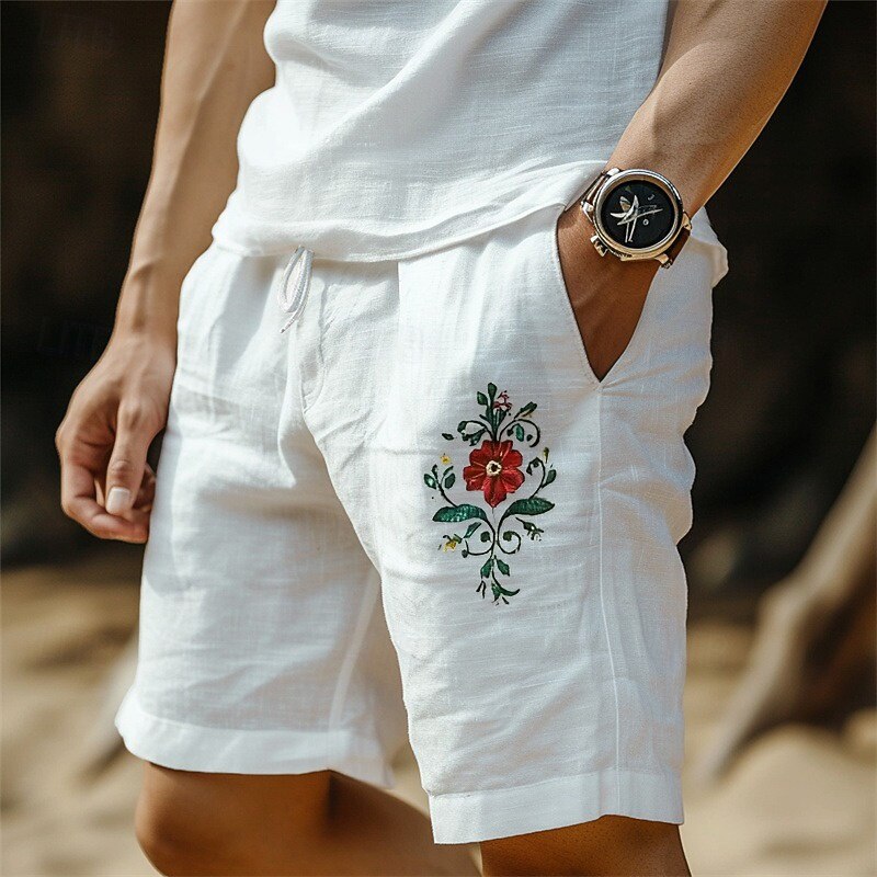 Men's Shorts Linen Shorts Summer Shorts Beach Shorts Drawstring Elastic Waist Graphic Flowers Soft Breathable Knee Length Outdoor Casual Daily Vacation Streetwear Black White Micro-elastic2