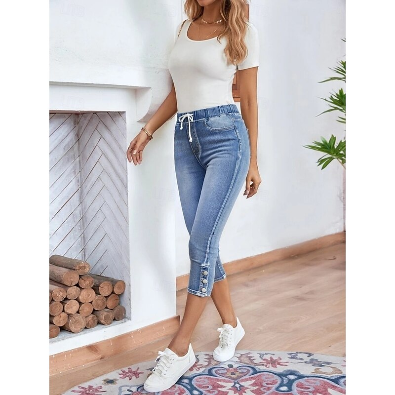 Women's Jeans Chinos Vacation Vintage Fashion Calf-Length High Waist Plain Pocket Comfy Soft Comfortable Stretchy Outdoor Street Light Blue Summer Regular Fit4