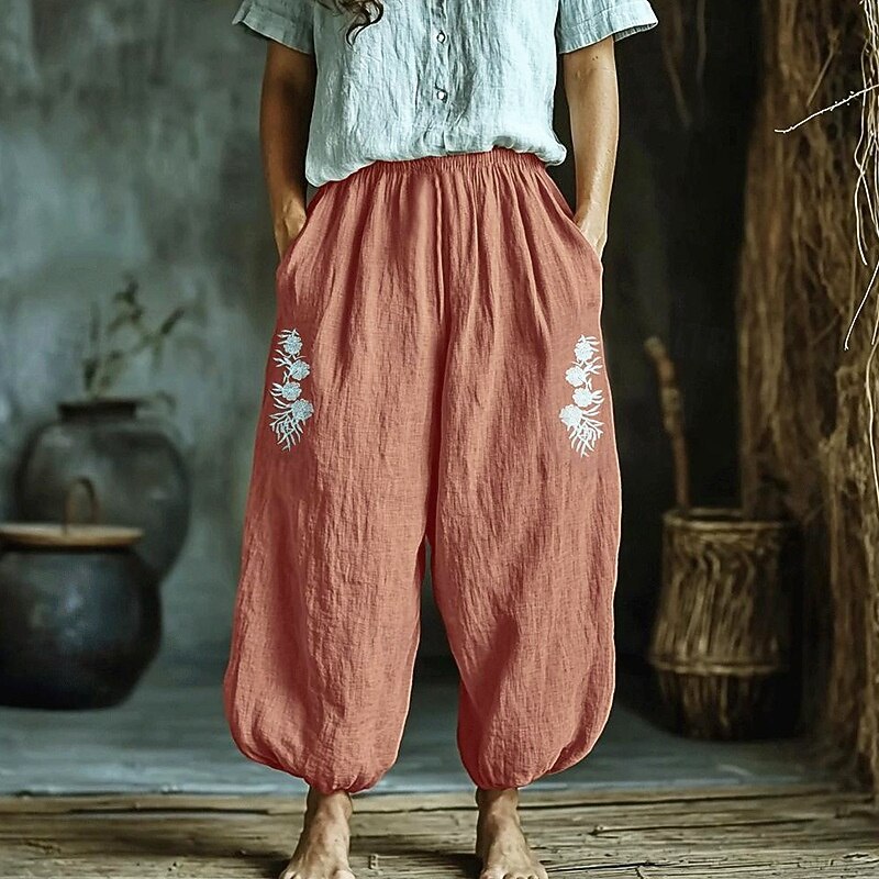 Women's Cotton Linen Pants Slacks Streetwear Casual Full Length Natural Flower Pocket Elastic Waist Comfy Outdoor Comfortable Outdoor Vacation Orange red Summer Regular Fit