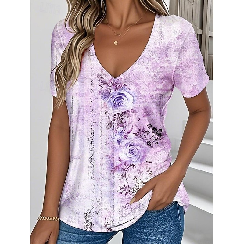 Women's T Shirt Floral Graphic Vintage Stylish Classic Short Sleeve V Neck Regular Tops Daily Print Blue Purple Green off-white Summer Spring4