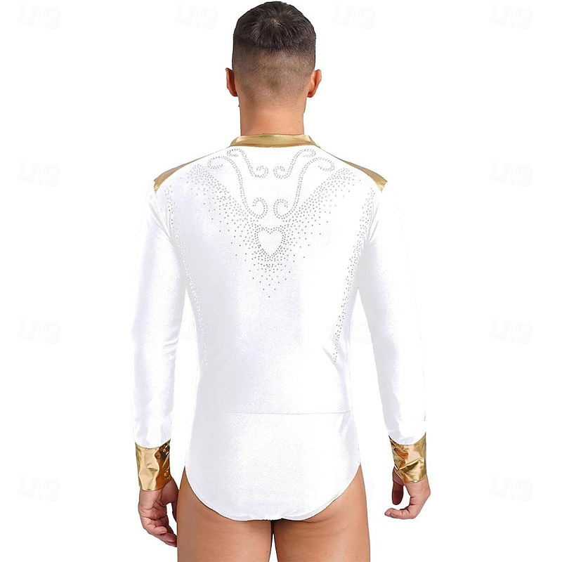 Men Shiny Rhinestones V Neck Long Sleeves Latin Dance Shirt Figure Skating Dance Leotard Bodysuit Costume2