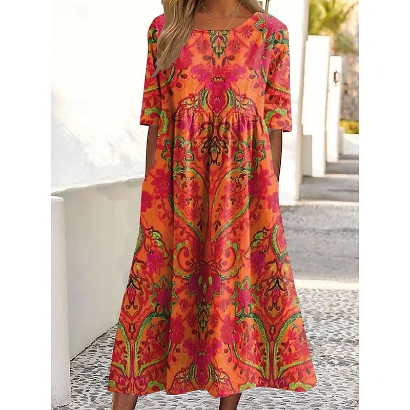 Women's Midi Dress Summer Dress Pleated Dress Vacation Casual Holiday Loose Fit Floral Graphic Short Sleeve Crew Neck Blue Orange Beige Summer3