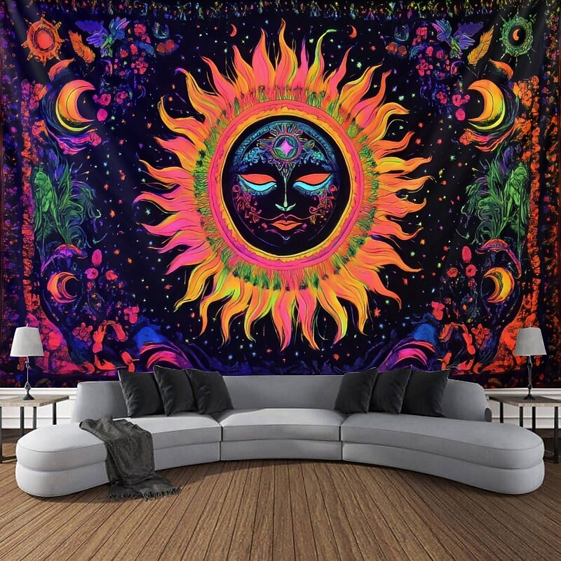 Boho Blacklight Tapestry Glow in the Dark Glow Party UV Reactive Sun and Moon Trippy Misty Mushroom Nature Landscape Hanging Tapestry Wall Art Mural for Living Room Bedroom