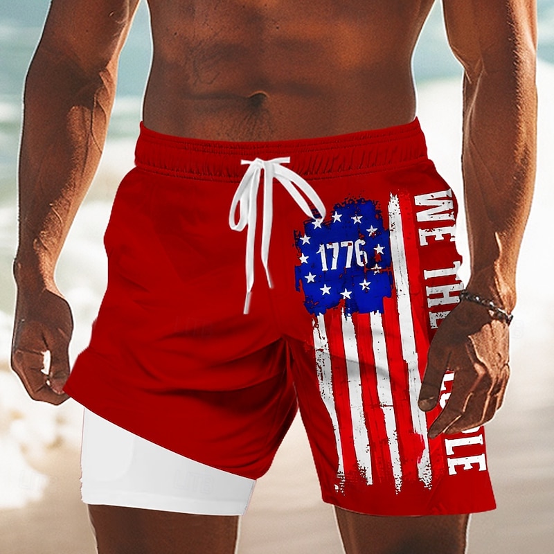 Independence Day Men's US Flag Patriotic Fourth of July Lined Shorts 2 in 1 Board Shorts Swim Shorts Mid Waist Holiday Side Pockets With Compression Liner Elastic Drawstring Waist Designer Clothing3