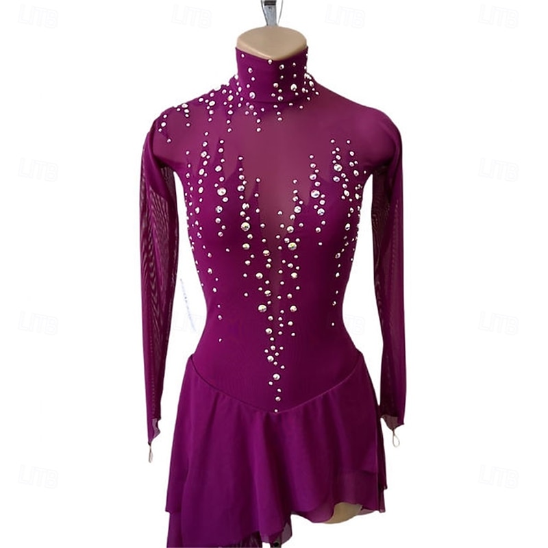 Figure Skating Dress Women's Girls' Ice Skating Dress Fuchsia Patchwork Open Back Mesh Spandex High Elasticity Training Competition Skating Wear Classic Crystal / Rhinestone Long Sleeve Ice Skating2