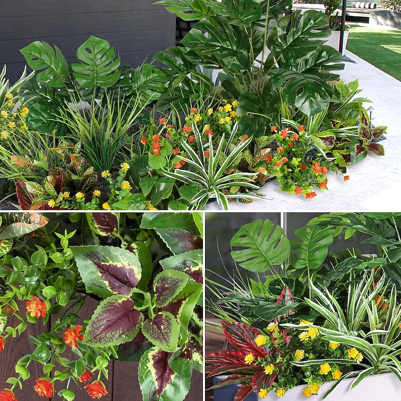 18 Bundles Artificial Plants for Outdoors, Faux Greenery Shrubs Set for Home Patio Garden Wall Decor, UV Resistant Green Plant Stems for Outdoor Indoor Decoration Fence Backdrop4