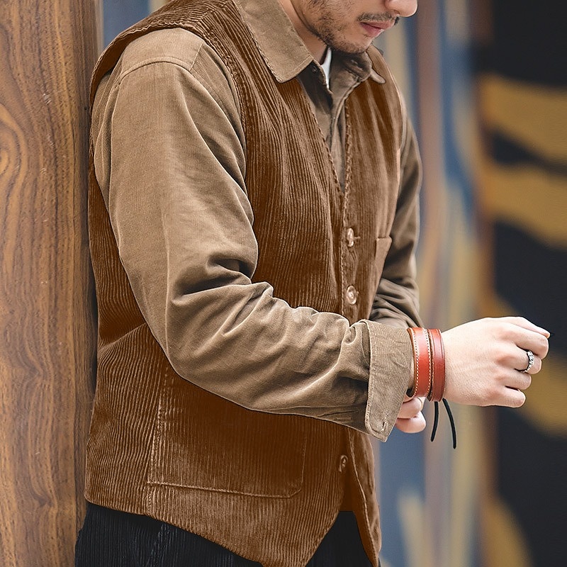 Men's Vest Daily Wear Vacation Going out Retro Vintage Spring &  Fall Button Corduroy Comfortable Solid Color Single Breasted V Neck Regular Fit Black Dark Navy Army Green Coffee Vest2