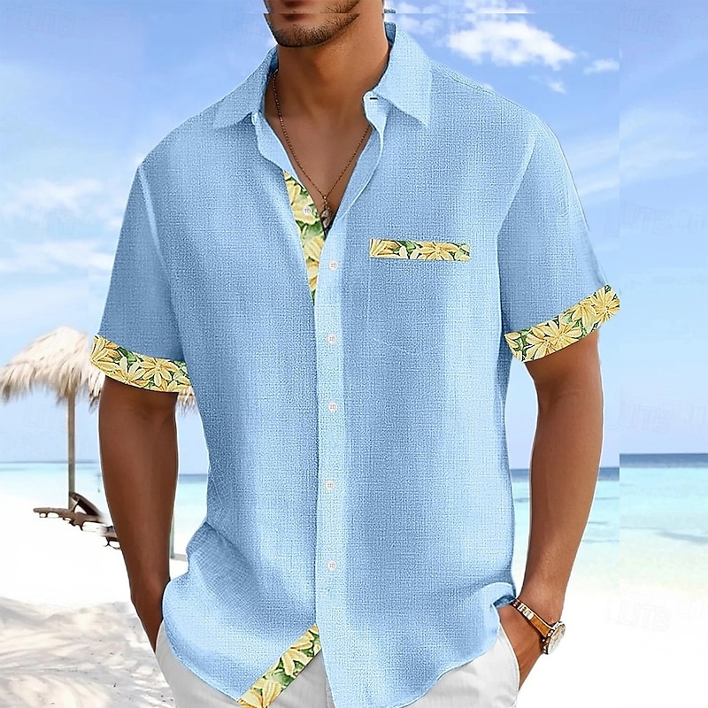 Men's Floral Print Tropical Flowers Summer Hawaiian Shirt Button Up Shirt Aloha Shirt Short Sleeve Hawaiian Vacation Holiday Beach Wear Summer Turndown 3D Print Front One Pocket Linen Like Shirt Blue