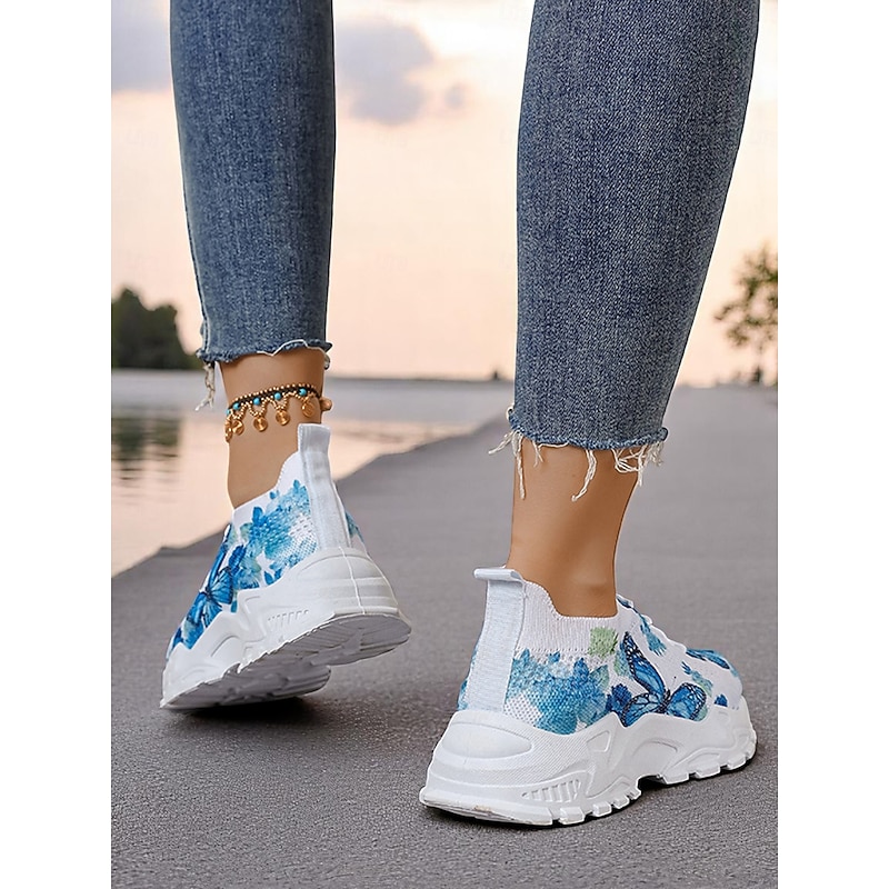 Women's Flyknit Sneakers with Blue Butterfly Print – Fashionable Lightweight Trainers for Walking, Casual Outings and Travel4