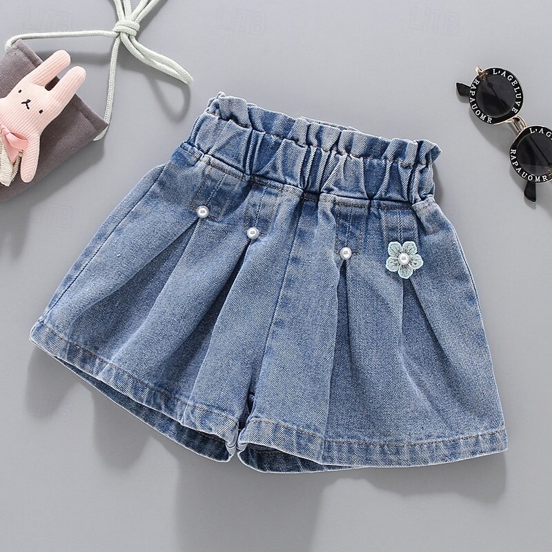 Kids Girls' Shorts Solid Color Streetwear Ruched School 4-12 Years Summer Blue