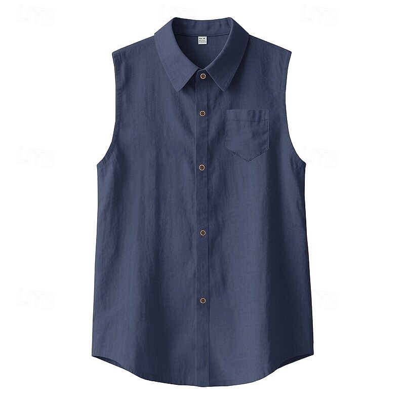 Men's Shirt Linen Shirt Summer Shirt Beach Wear Sleeveless Shirt Solid Color Vacation Street Black White Navy Blue Sky Blue Sleeveless Shirt Collar Summer Spring Clothing Apparel Pocket4