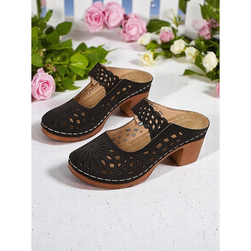 Women's Slip-On Hollow Out Chunky Heel Mules – Faux Leather Vintage Sandals, Perfect for Casual Strolls, Backyard Brunch, Outdoor Art Fair and Spring Travel4
