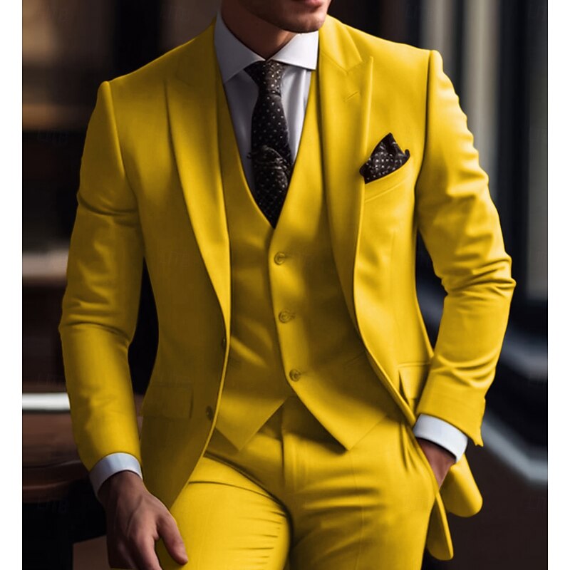 Men's Wedding Suits Peak White Ivory Solid Colored Slim Fit 3 Piece Single Breasted Two-buttons