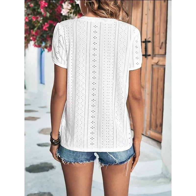 Women's T Shirt Plain Fashion Modern Casual Short Sleeve V Neck Regular Tops Daily Weekend Eyelet White Yellow Light Brown Purple Green Summer2