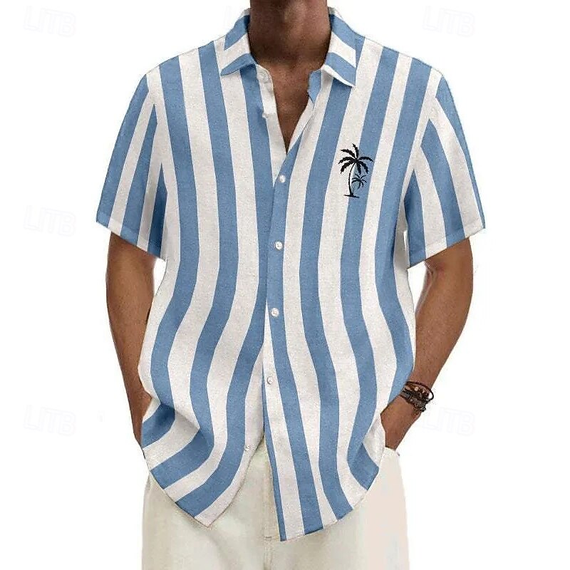 Men's Shirt Summer Shirt Casual Shirt Beach Shirt Button Up Shirt Black Light Green Red Blue Dark Green Short Sleeve Coconut Tree Stripes Lapel Vacation Hawaiian Clothing Apparel Polyester Fashion