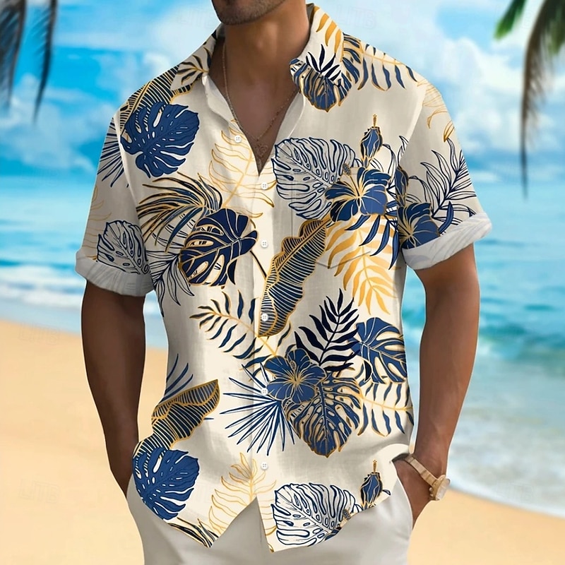 Men's Palm Leaf Tropical Plants Summer Hawaiian Shirt Button Up Shirt Aloha Shirt Short Sleeve Hawaiian Holiday Beach Wear Summer Spring Turndown 3D Print Collared Shirts Front One Pocket Black Green