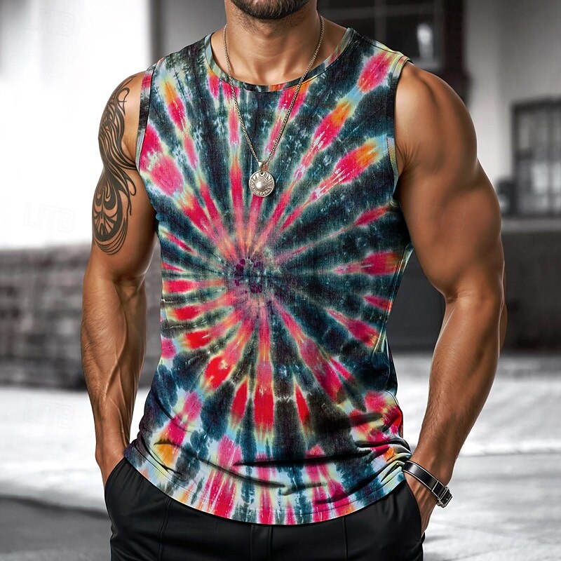 Men's Vest Top Undershirt Sleeveless Shirt Sleeveless Crewneck Spring & Summer Tie Dye Fashion Designer Vacation Street Going out Black+ Army Green Yellow+Red+Blue Blue Top Tee for Men3