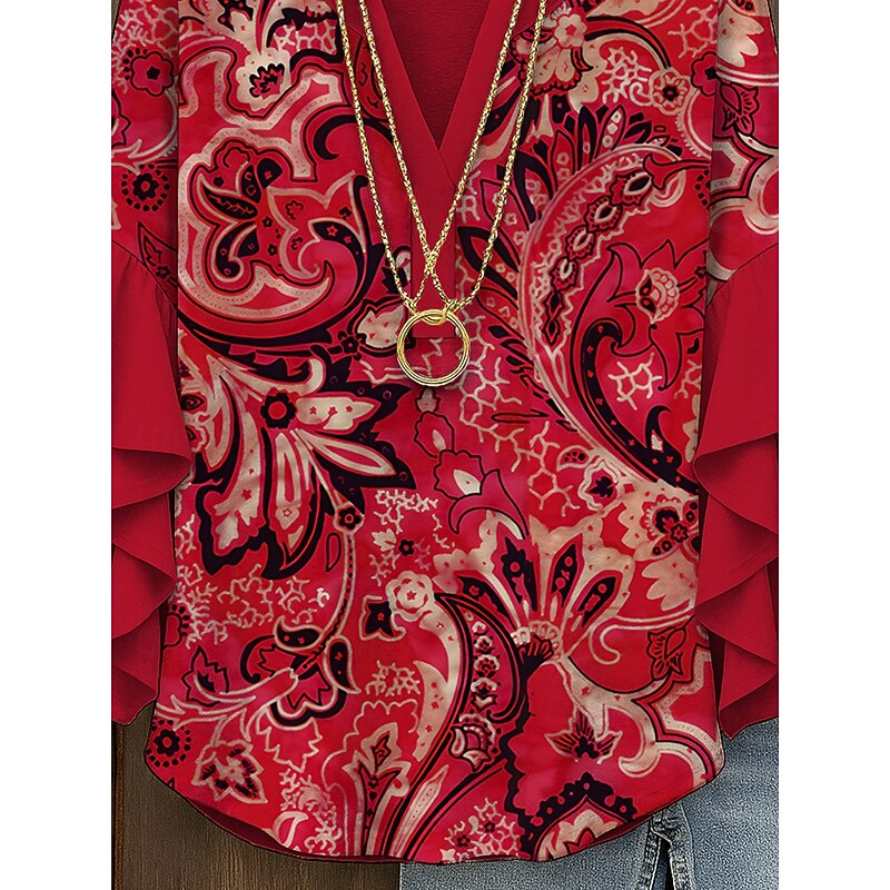 Women's Blouse V Neck Graphic Paisley Elegant Bohemia Ethnic 3/4 Length Sleeve Regular Tops Daily Holiday Vacation Wear Ruffle Print Yellow Red Blue Purple Green Summer Spring Fall3