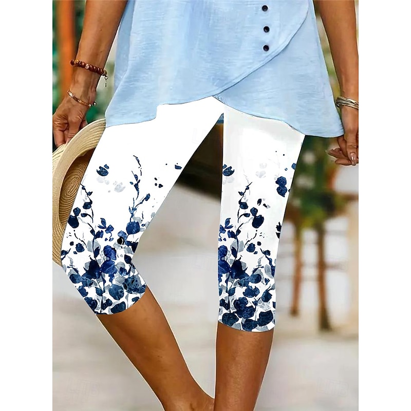 Women's Leggings Vacation Vintage Fashion Calf-Length High Waist Floral Graphic Leaf Printing Breathable Soft Stretchy Formal Outdoor Vacation Robin's Egg Blue White Pink Summer Spring Slim Fit