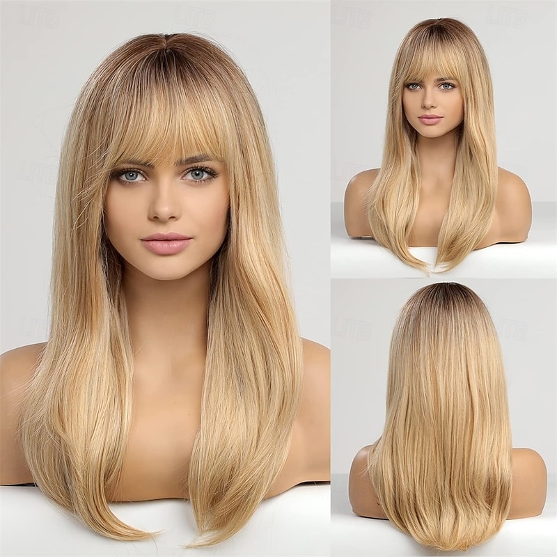 Long Blonde Wigs for Women Straight Wigs with Fringe Synthetic Layered Hair Wig with Dark Roots