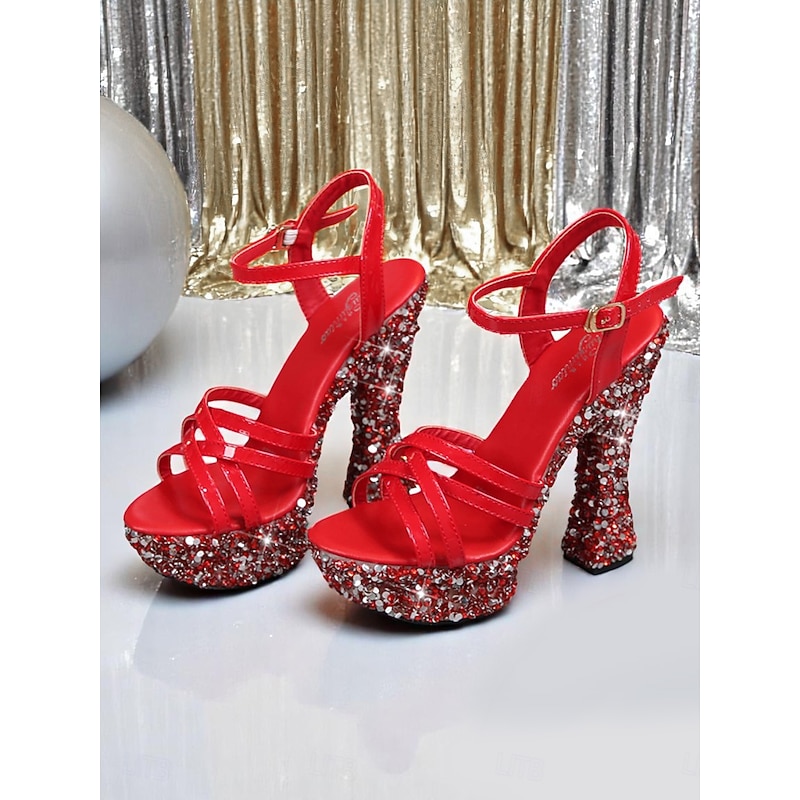 Women's Black Glitter Platform Sandals with Thick Heels - Sparkling High Heels for Nightlife Parties3