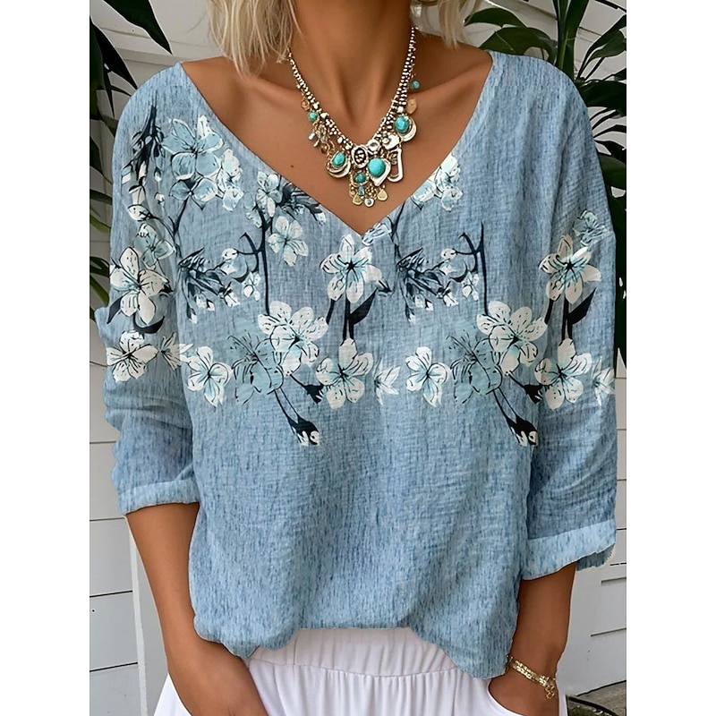 Women's Blouse Floral Graphic Stylish Casual 3/4 Length Sleeve V Neck Regular Tops Daily Blue Purple Khaki Summer Spring