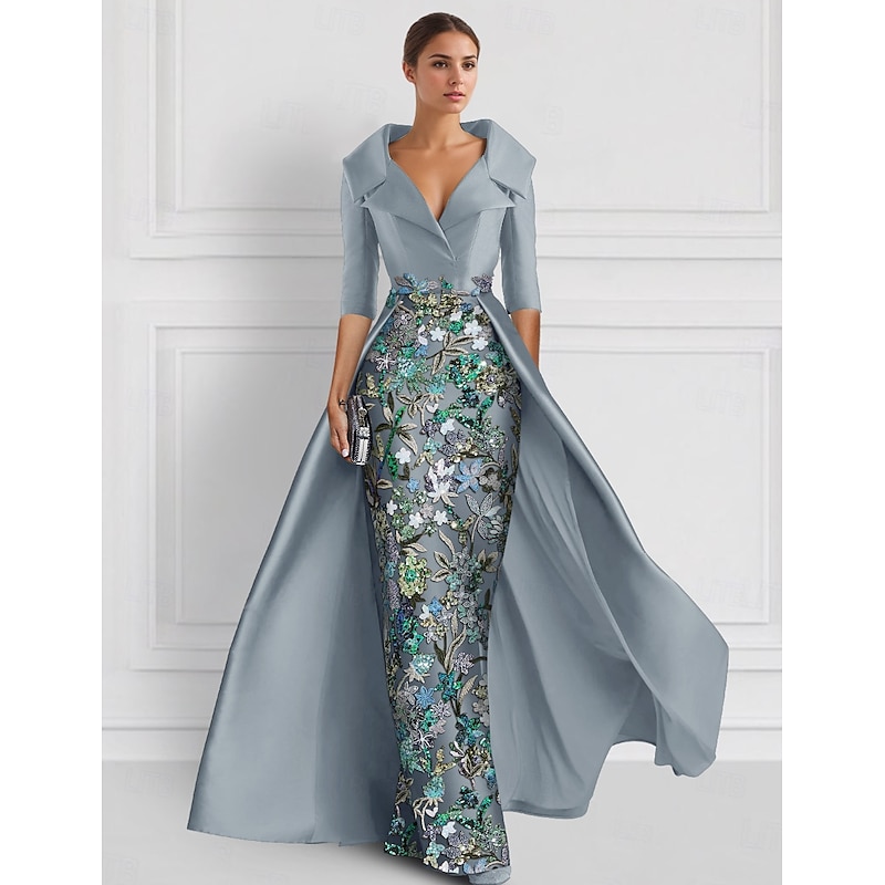 Embroidered Ball Gown A-Line Evening Gown Elegant Dress Formal Wedding Floor Length Half Sleeve Shirt Collar Satin with Slit Appliques 9