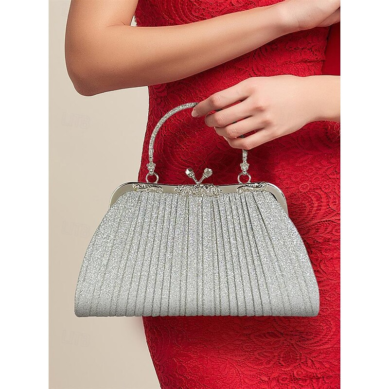 Women's Glitter Pleated Evening Clutch Purse with Vintage Gold Handle – Elegant Formal Handbag for Weddings, Parties and Cocktail Events