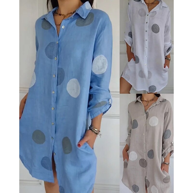 Women's Mini Dress Shirt Dress Cotton Linen Dress Classic Modern Vacation Daily Holiday Regular Fit Dot Long Sleeve Shirt Collar White Royal Blue Gray Summer