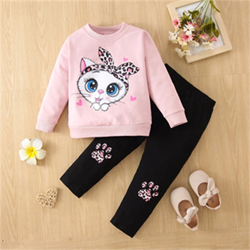2 Pieces Kids Girls' Cat Crewneck Sweatshirt & Sweatpants Set Set Long Sleeve Fashion Outdoor 4 years+ Spring Deep Pink Pink Purple4