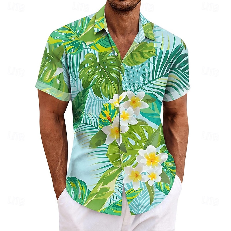 Men's Palm Leaf Tropical Plants Flowers Summer Hawaiian Shirt Button Up Shirt Aloha Shirt Short Sleeve Hawaiian Resort Vacation Holiday Beach Wear Summer Spring Turndown 3D Print Collared Shirts Blue