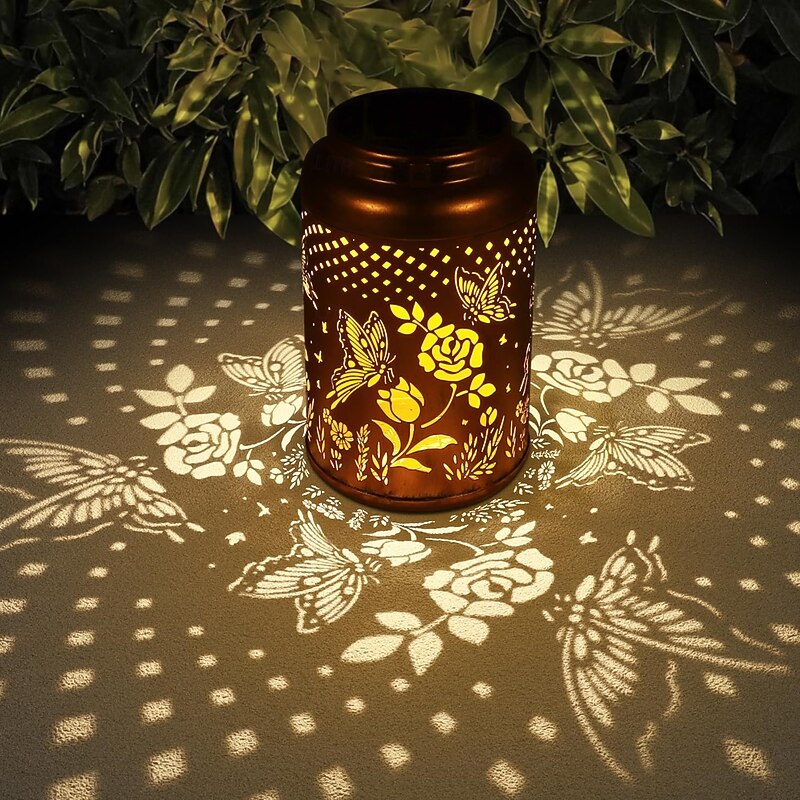 1 Pc Outdoor Solar Lanterns Waterproof Metal Hollow Projection Lamp – Flower and Butterfly Design, Spiral Cover, Ideal for Courtyard, Garden, Balcony, Terrace, and Decorative Landscape Lighting