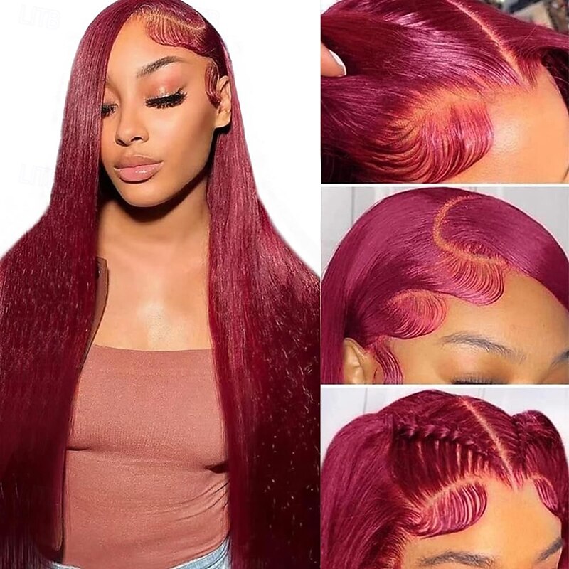 13X4 Burgundy red Lace Front Human Hair Wig Straight Hair Wig 150% Density