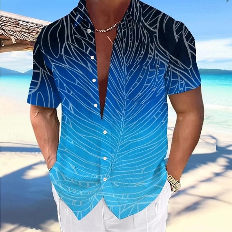 Men's Leaf Geometric Shirt Summer Shirt Button Up Shirt Short Sleeve Fashion Casual Outdoor Vacation Dailywear Summer Spring Turndown 3D Print Collared Shirts Front One Pocket Blue