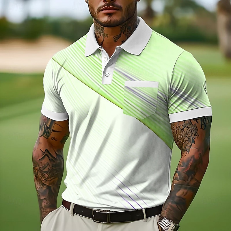 Men's Button Up Polos Business Casual Lapel Short Sleeve Office Geometic Line Buttons Pocket Summer Yellow Blue Green Gray Button Up Polos3