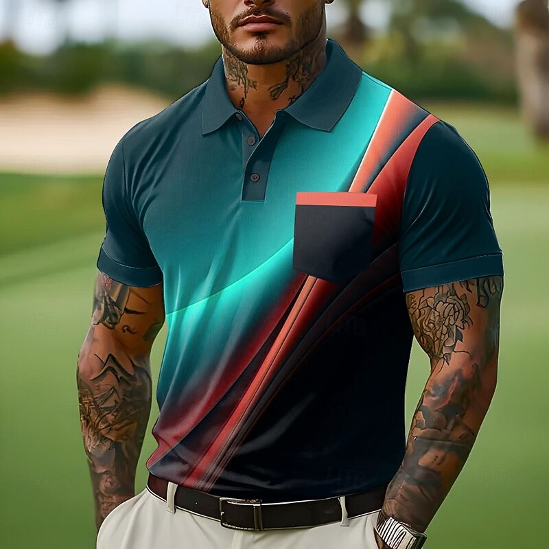 Men's Button Up Polos Street Casual Lapel Short Sleeve Fashion Geometic Line Buttons Pocket Summer Yellow Red Blue Green Button Up Polos4